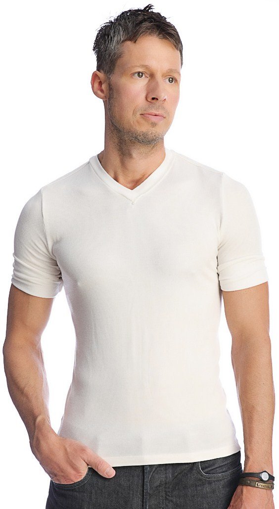 A crisp white hybrid v-neck short-sleeve t-shirt with smooth fitted fabric for comfortable wear