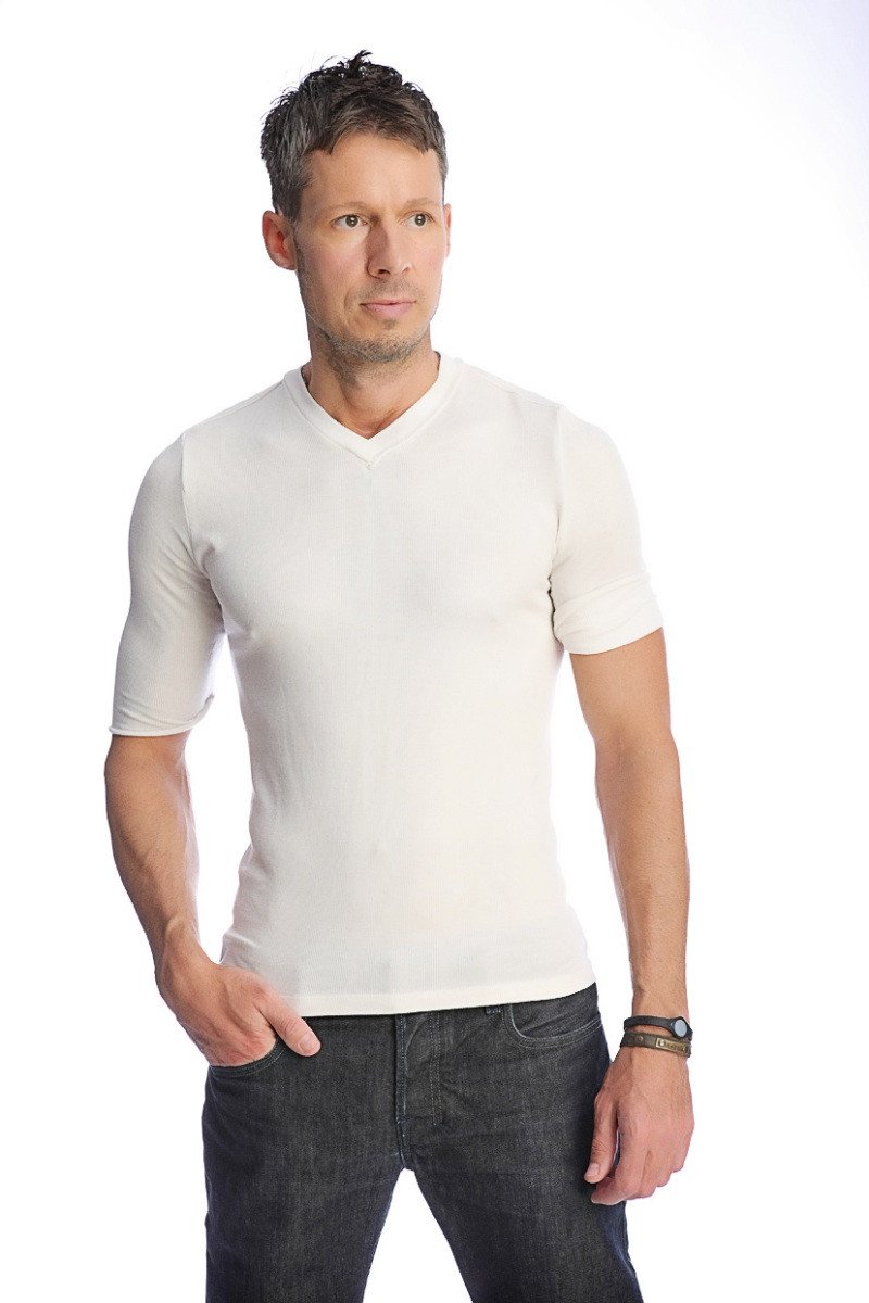 A crisp white hybrid v neck short sleeve t shirt with smooth fitted fabric and breathable material for everyday wear
