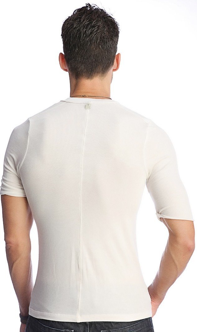 White short-sleeved men’s fitted hybrid v-neck t-shirt with subtle back zipper detail shown from the back side