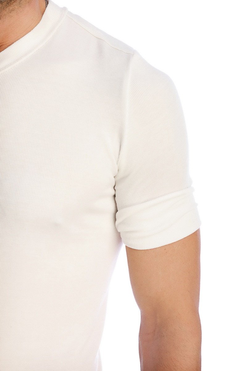 A white ribbed short-sleeved t-shirt with a crew neck from the hybrid v-neck collection designed for casual wear
