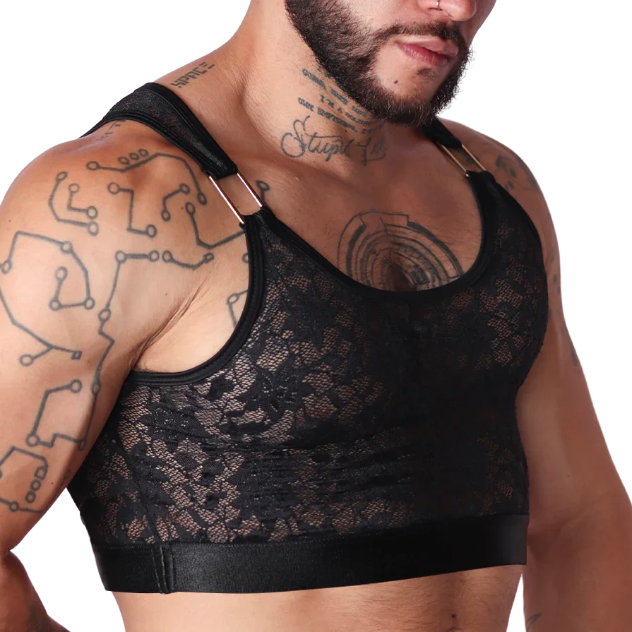 Gigo Illusion black lace crop top for men with gold-tone hardware straps and a supportive elastic band.