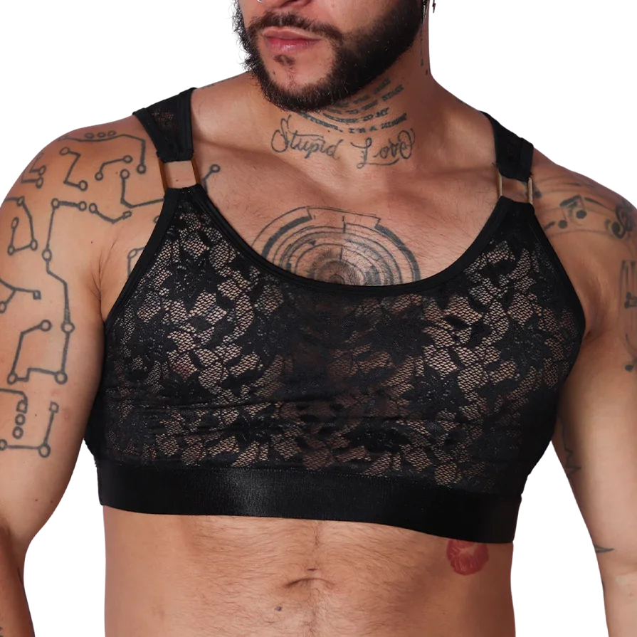 Black Gigo Illusion crop top featuring delicate lace fabric with gold-tone ring strap details for stylish menswear.