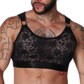 Black Gigo Illusion crop top featuring delicate lace fabric with gold-tone ring strap details for stylish menswear.