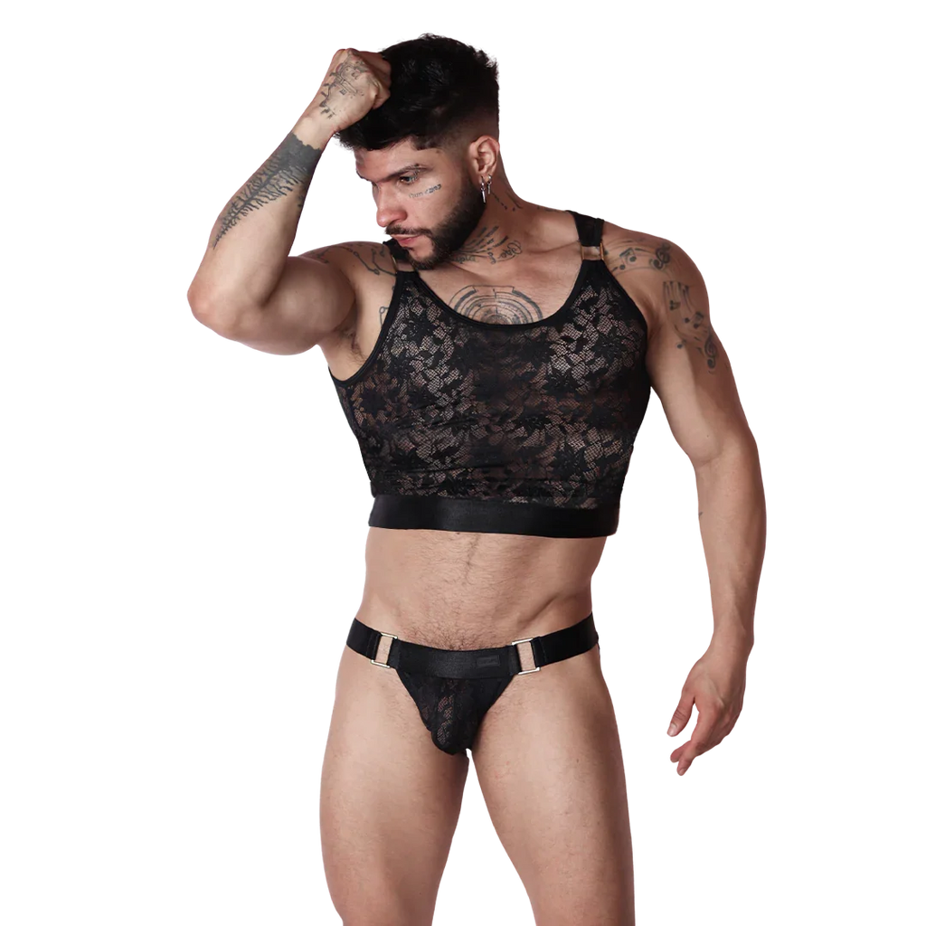 Gigo Illusion black lace crop top for men, featuring a wide elastic waistband for a bold, intimate style.