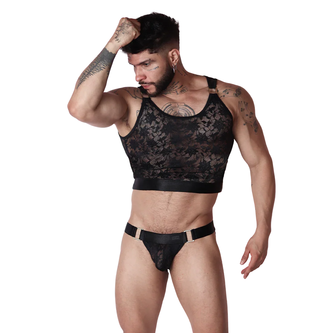 Gigo Illusion black lace crop top for men, featuring a wide elastic waistband for a bold, intimate style.