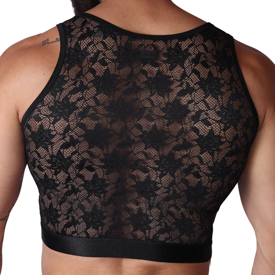 Gigo Illusion black lace crop top with a wide elastic hem, designed for stylish, form-fitting fashion wear.
