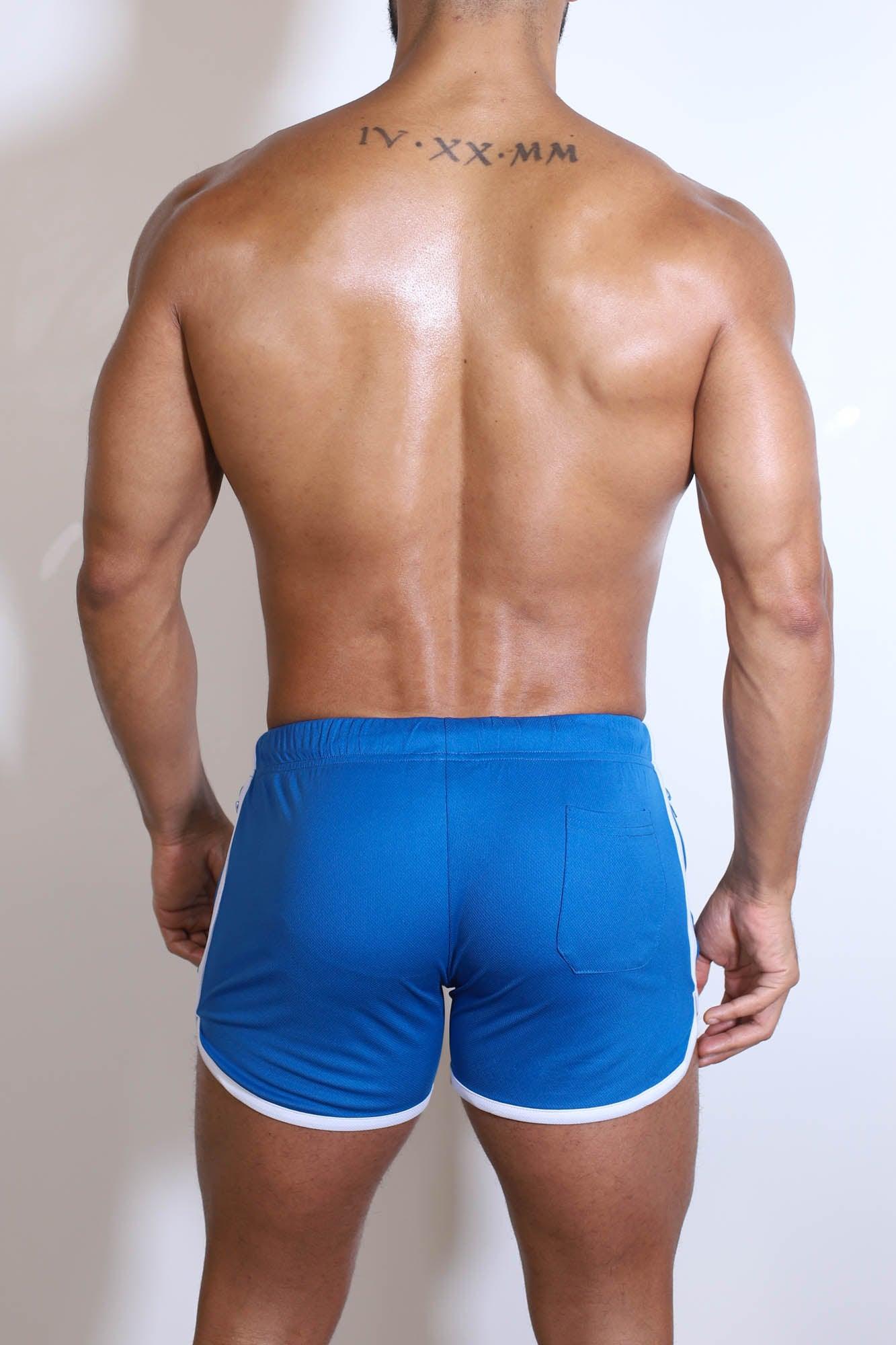 Cobalt blue for-the-night 4 inch gym short shorts with white trim drawstring and side stripes for athletic use