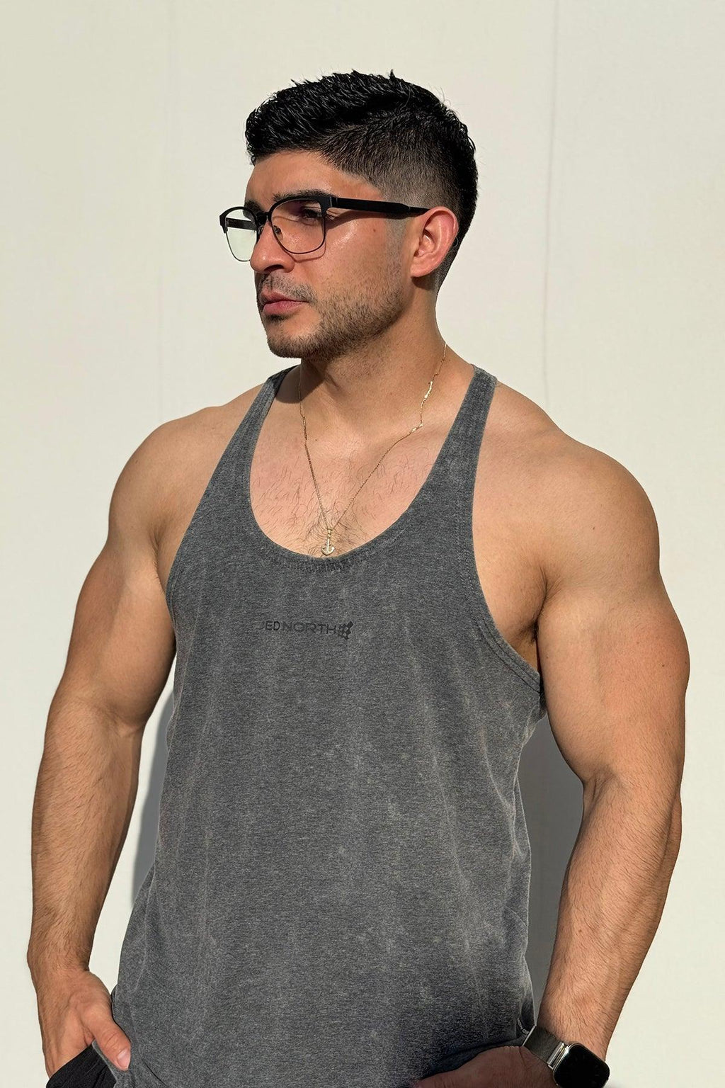 Jed North Men's Retro Washed Bodybuilding Stringer - Heather Gray
