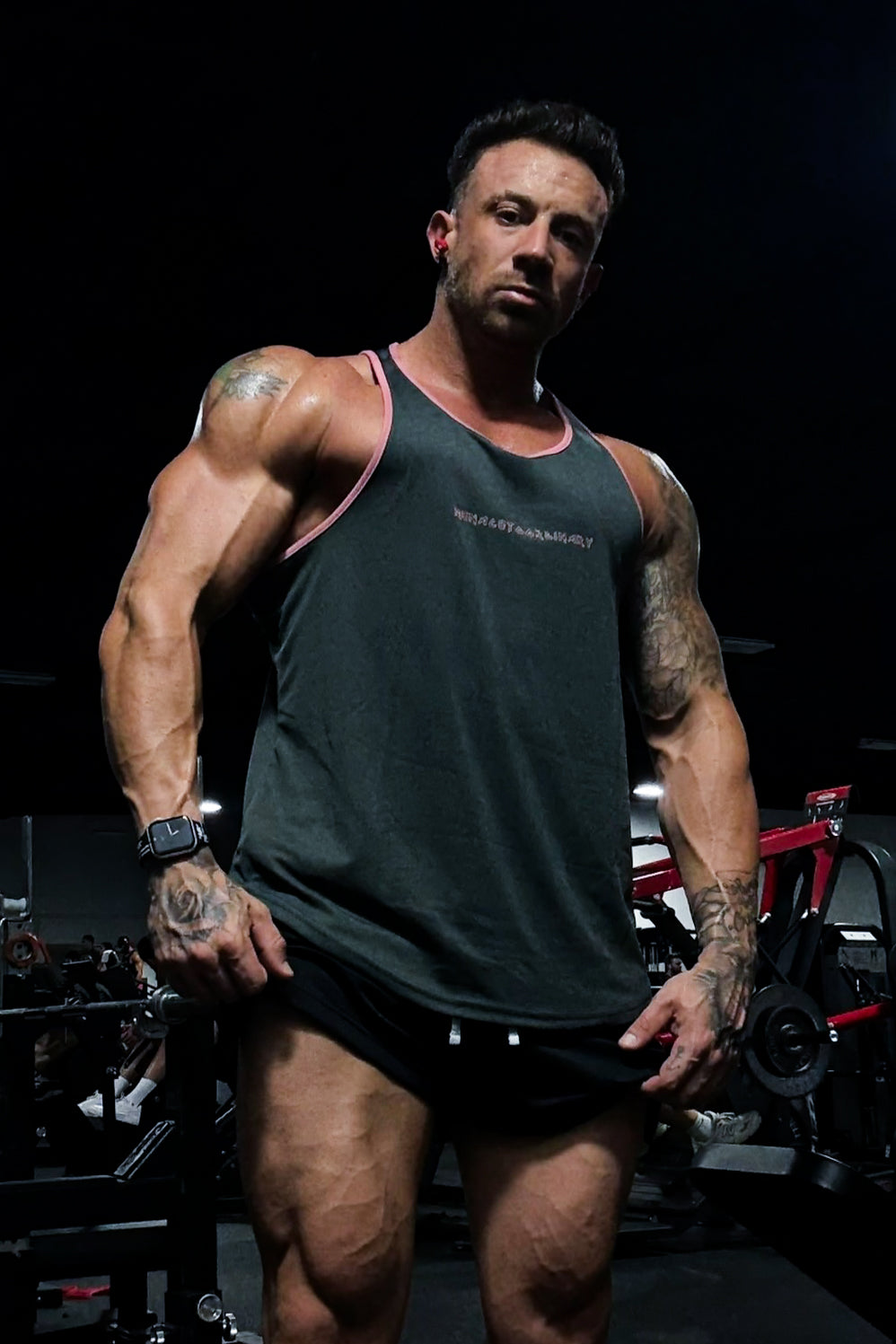 Jed North Men's Fast-Dry Bodybuilding Workout Stringer - Gray w/ Pink Trim