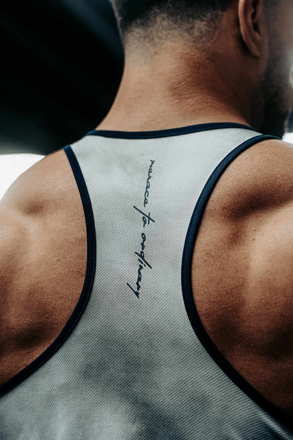 Jed North Men's Fast-Dry Bodybuilding Workout Stringer - Dusted White w/ Navy
