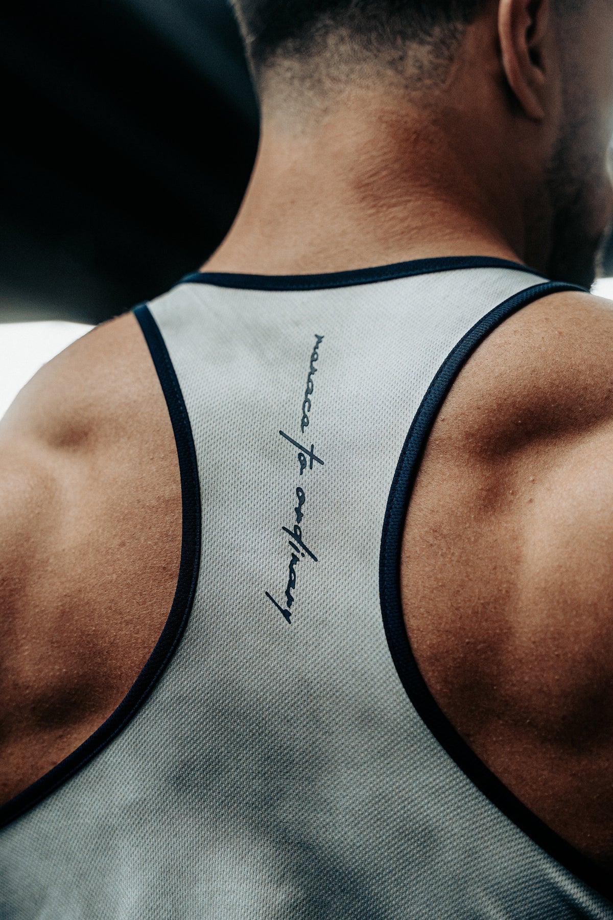 Jed North Men's Fast-Dry Bodybuilding Workout Stringer - Dusted White w/ Navy