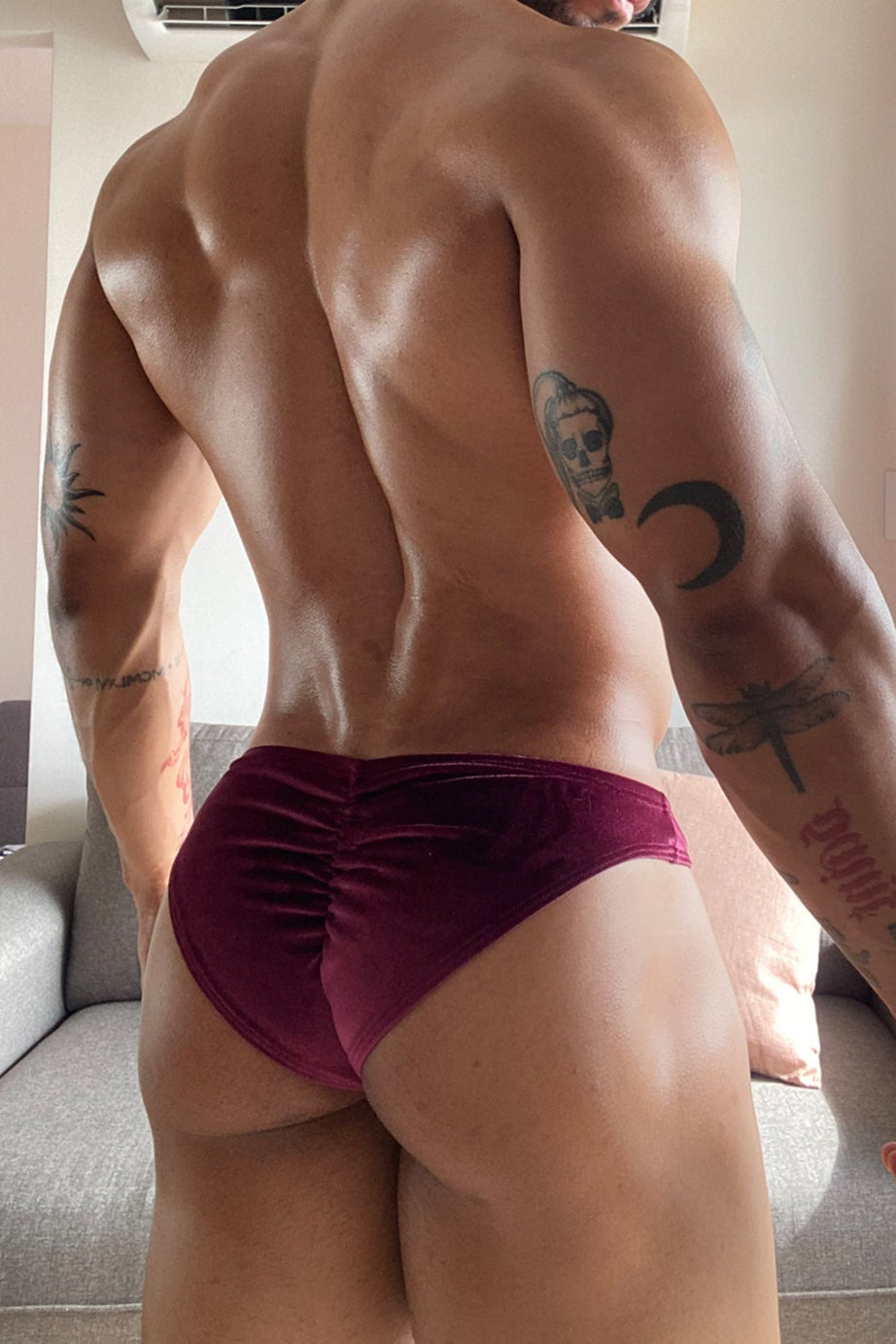 JJ Malibu Men's Velvety Scrunch-Butt Bikini Briefs - Maroon