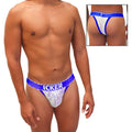 Blue and white lace thong underwear with icker branding and mesh piping in royal blue from icker sea acid collection