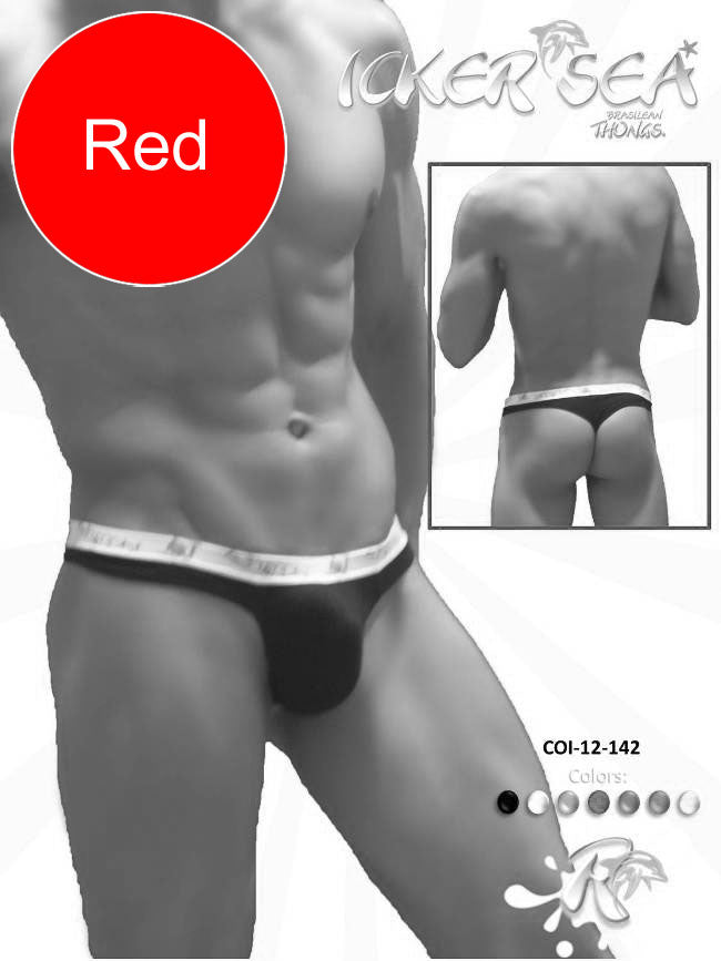 Icker Sea Brazilian thong underwear in red with a white elastic waistband featuring the brand name black lettering