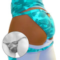 Turquoise camo back cut out micro slip tanga bikini underwear in aqua blue with gray black camouflage and brand tag visible