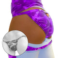 Purple camouflage-patterned thong underwear with snug form-fitting design showing back side cut out detail