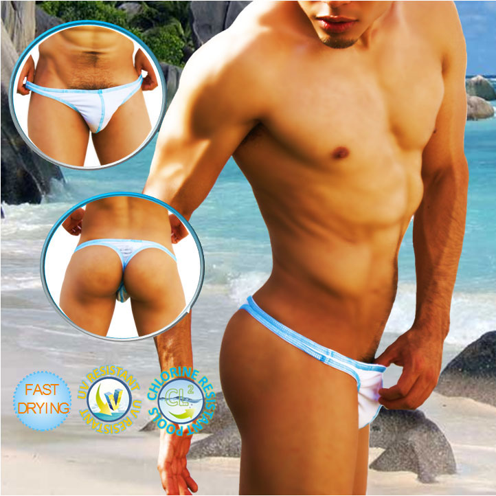 Icker Sea Contrast Stitching Tanga Thong Swimwear White/Blue COB-14-WBT01 - DealByEthan.gay loves Icker Sea