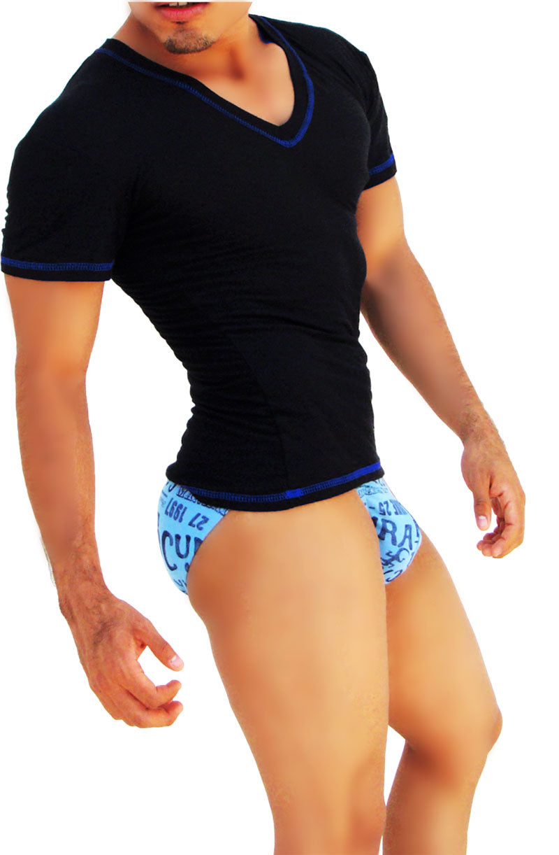 Icker Sea Contrast Stitching V Neck Short Sleeved T Shirt Black/Blue COI-S-14-BC-3 - DealByEthan.gay loves Icker Sea