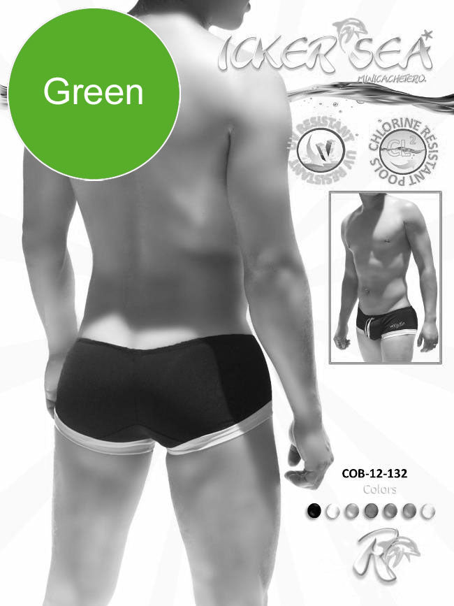 Icker Sea Contrast Trim Mini Square Cut Trunk Swimwear Green COB-12-132 - DealByEthan.gay loves Icker Sea