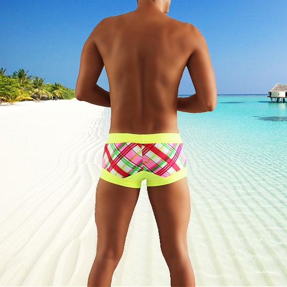 Icker Sea Contrast Trim Plaid Square Cut Trunk Swimwear Lemon COB-16-03 - DealByEthan.gay loves Icker Sea
