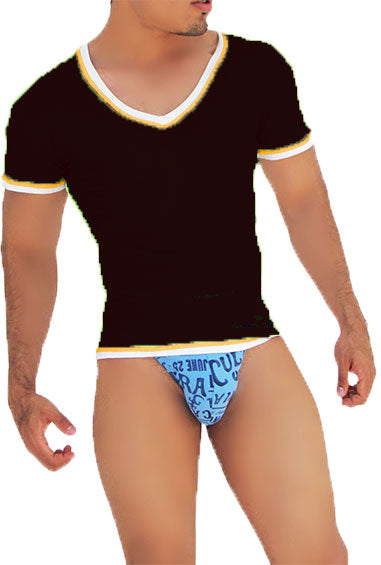 Icker Sea Contrast Trim V Neck Short Sleeved T Shirt Black/Mango CA-16-33 - DealByEthan.gay loves Icker Sea