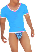 Icker Sea contrast trim v neck short sleeved t shirt blue with pink trim and subtle graphic print along hem