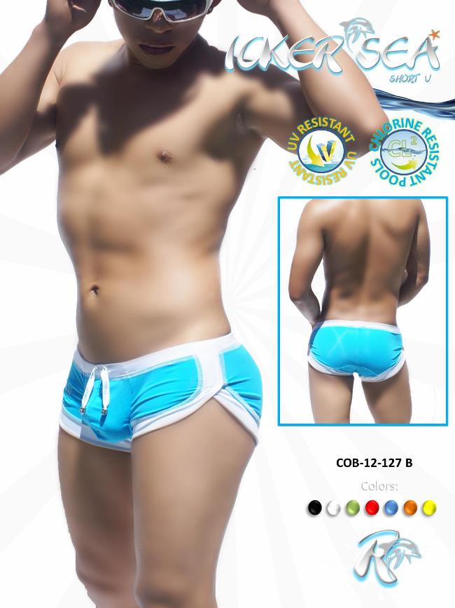 Icker Sea Curved Hemline U Shorts Square Cut Trunk Swimwear Blue COB-12-127B - DealByEthan.gay loves Icker Sea