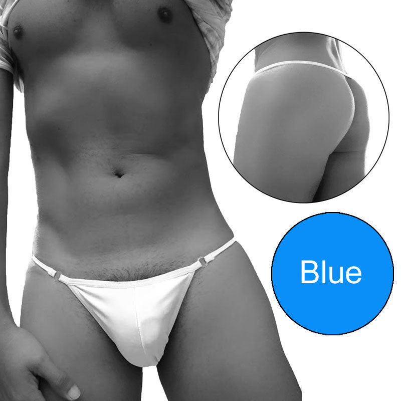 Blue thong underwear with thin white waistband and adjustable side ties from icker sea free access mini suspensor ring pouch line