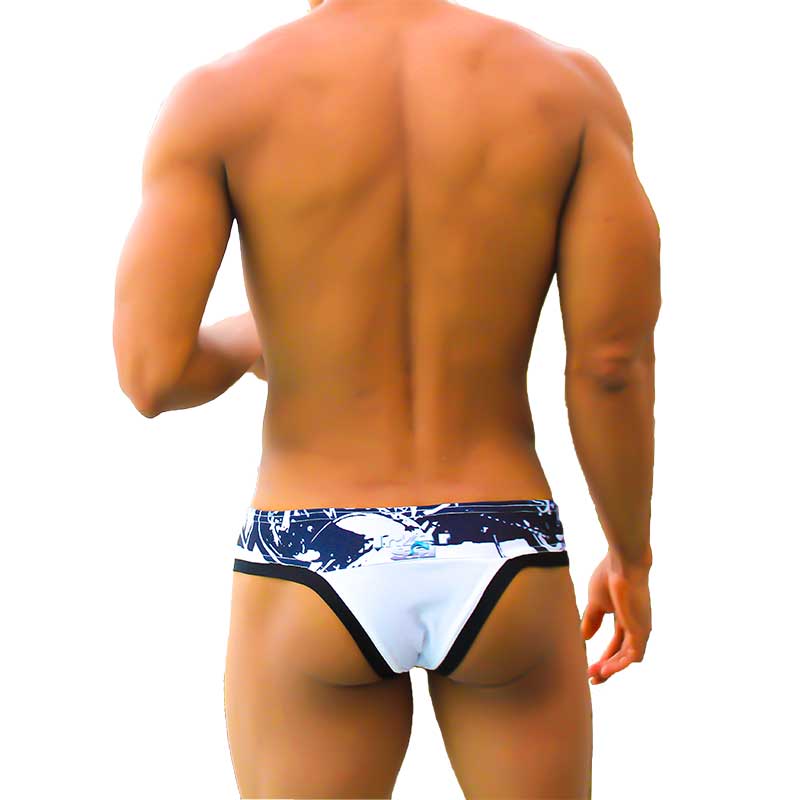 Icker Sea Graffiti Macro Contrast Trim Thong Swimwear White/Black COB-22-05 - DealByEthan.gay loves Icker Sea