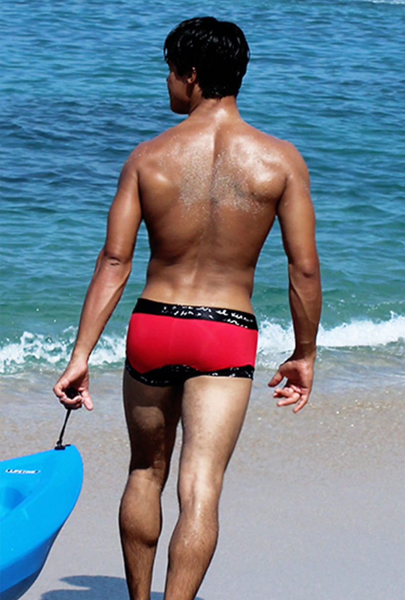 Icker Sea Lace Up Contrast Square Cut Trunk Swimwear Red/Black COB-15-17 - DealByEthan.gay loves Icker Sea