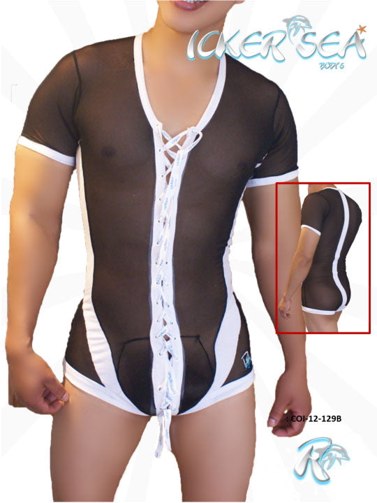 Icker Sea lace up front mesh bodysuit black featuring sheer black and white lace short sleeves and a v neckline