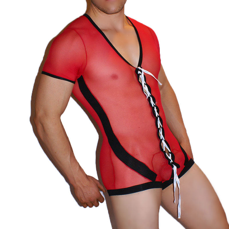 Icker Sea Lace Up Front Mesh Bodysuit Red COI-12-129R - DealByEthan.gay loves Icker Sea