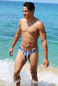 Blue and white patterned swim trunks from icker sea letters bikini swimwear navy blue cob-15-24 with distinctive design