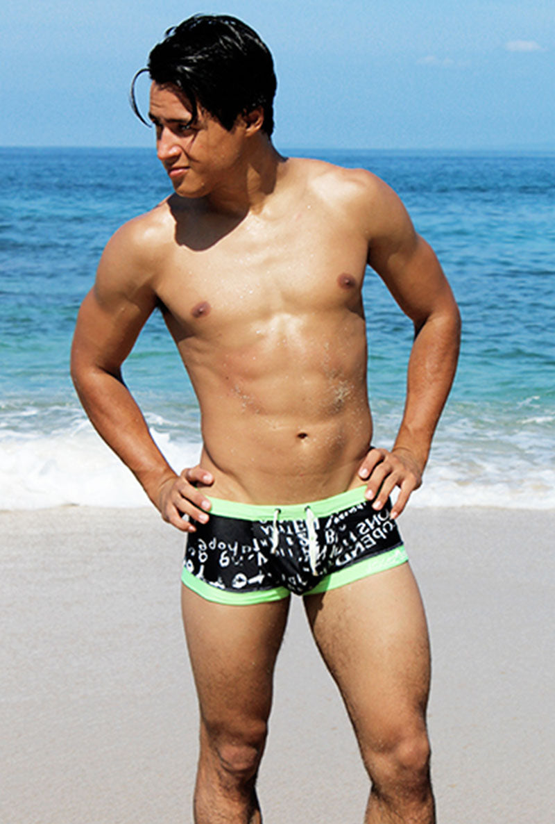 Icker Sea Letters Square Cut Trunk Swimwear Black/Green COB-15-15 - DealByEthan.gay loves Icker Sea