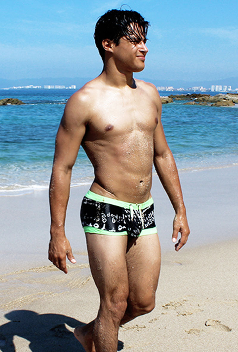 Icker Sea Letters Square Cut Trunk Swimwear Black/Green COB-15-15 - DealByEthan.gay loves Icker Sea