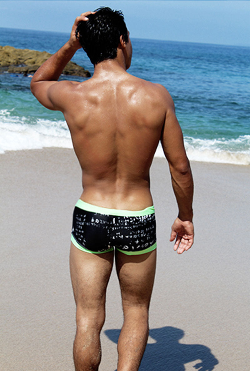 Icker Sea Letters Square Cut Trunk Swimwear Black/Green COB-15-15 - DealByEthan.gay loves Icker Sea