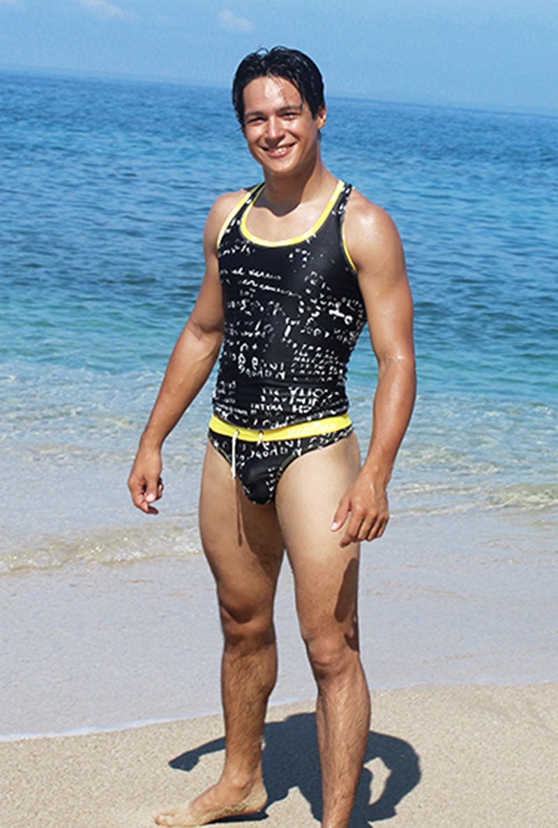 Icker Sea Letters Tank Top & Thong Swimwear Set Black/Mango COB-15-11 - DealByEthan.gay loves Icker Sea