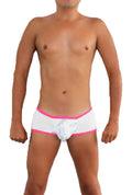 Icker Sea logo pouch contrast trim mini boxer brief underwear in white with fuchsia trim and subtle blue pattern