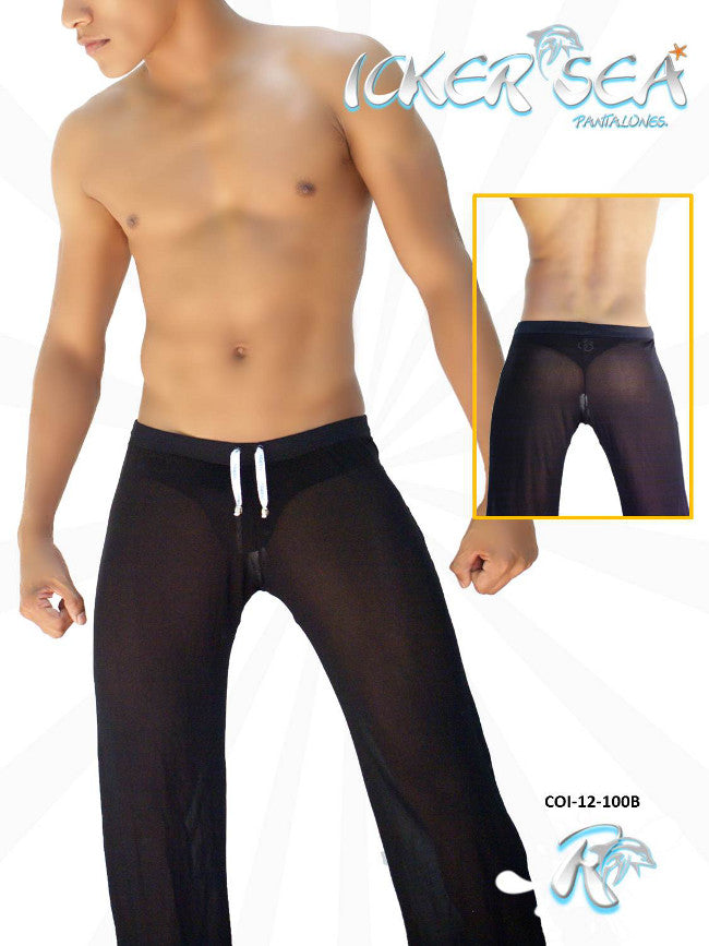 Black sheer mesh Icker Sea beach pantaloons with white drawstrings at the waist in black COI-12-100B