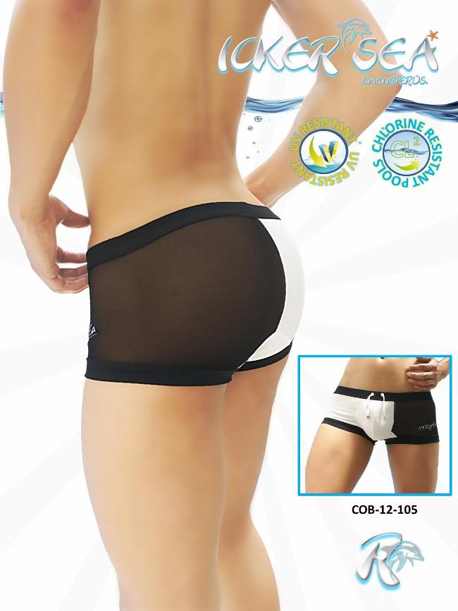 Icker Sea One Side Transparent Contrast Trim Square Cut Trunk Swimwear Black/White COB-12-105 - DealByEthan.gay loves Icker Sea