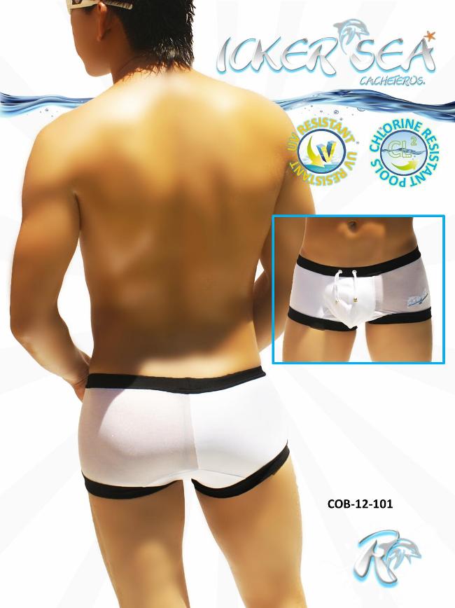 Icker Sea One Side Transparent Square Cut Trunk Swimwear White/Black COB-12-101 - DealByEthan.gay loves Icker Sea