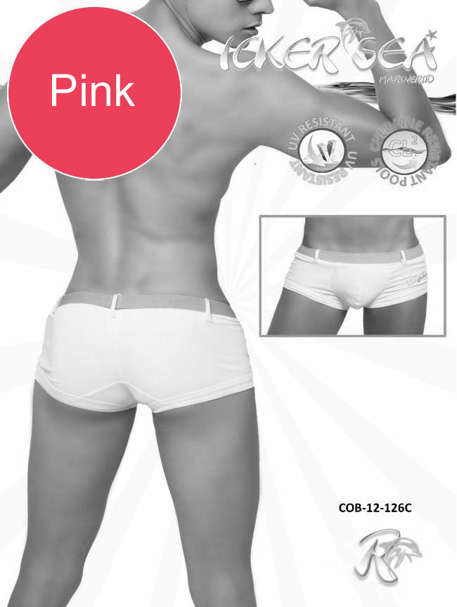 Icker Sea Sailor Belted Square Cut Trunk Swimwear White/Pink COB-12-126C - DealByEthan.gay loves Icker Sea