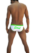 Icker sea stud slip bikini underwear in white with bright green waistband and matching green stud script print