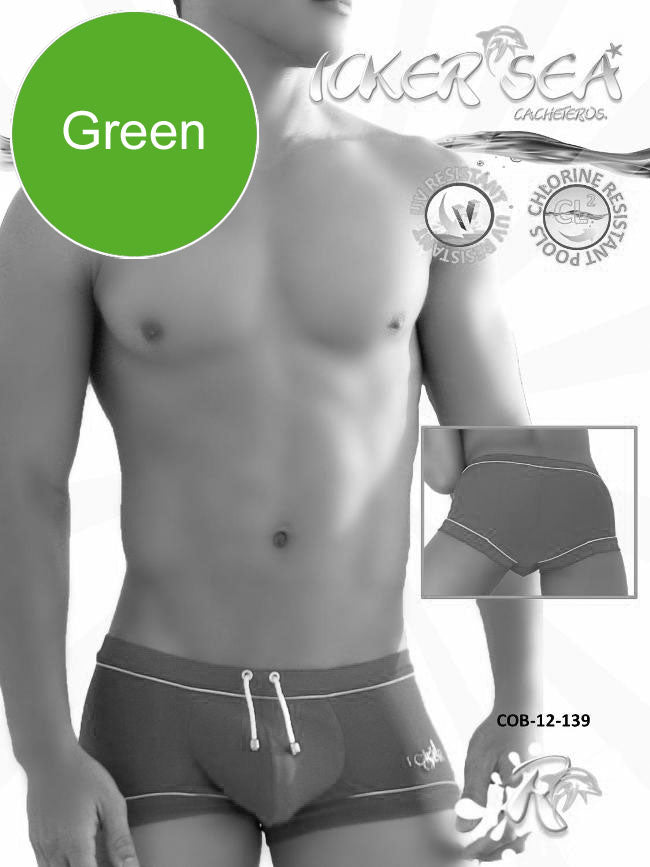 Icker Sea Tory Contrast Line Square Cut Trunk Swimwear Green COB-12-139 - DealByEthan.gay loves Icker Sea