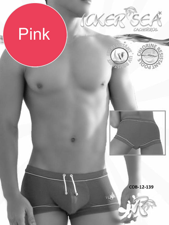 Pink icker sea tory contrast line square cut swim trunks with white drawstrings and branded logo on the side