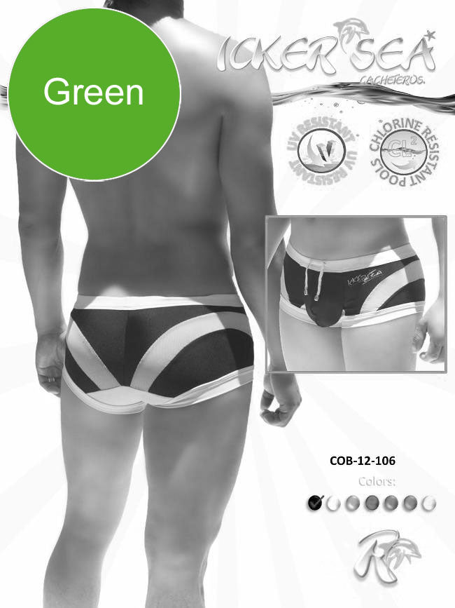 Icker Sea Transparent Curve Square Cut Trunk Swimwear Green/White COB-12-109 - DealByEthan.gay loves Icker Sea