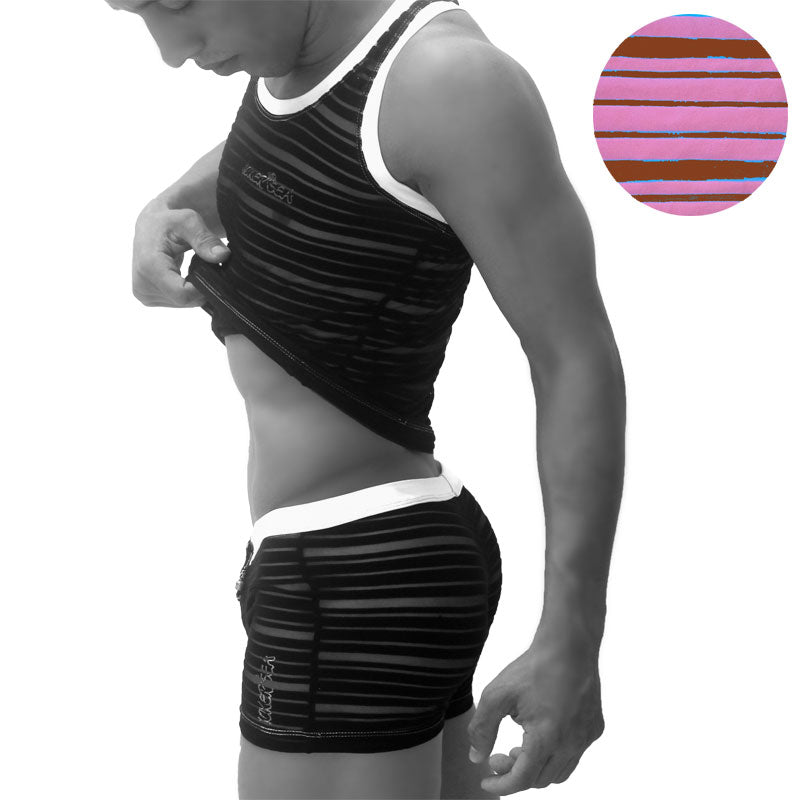 Icker Sea Transparent Lines Stripes Tank Top & Boxer Brief Pyjama Set Pink PJ-19-01 - DealByEthan.gay loves Icker Sea