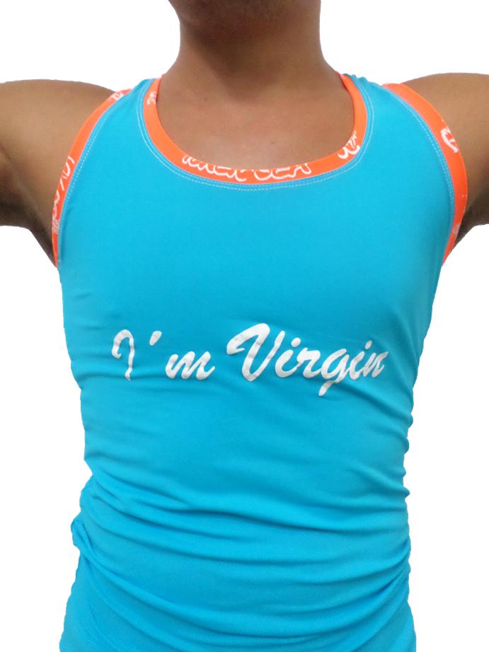 Bright turquoise Icker Sea Virgin tank top with orange trim and white cursive text across the chest