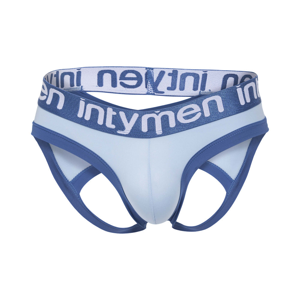 Blue and white intymen ine037 jockstrap briefs with stretchy waistband featuring bold brand name lettering