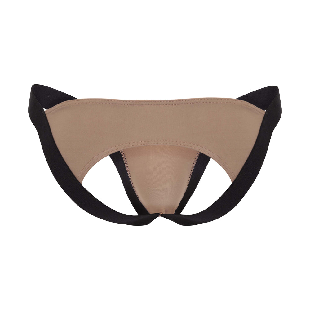 Beige and black lace-trimmed Intymen INE038 jockstrap with supportive contoured design shown from the back side